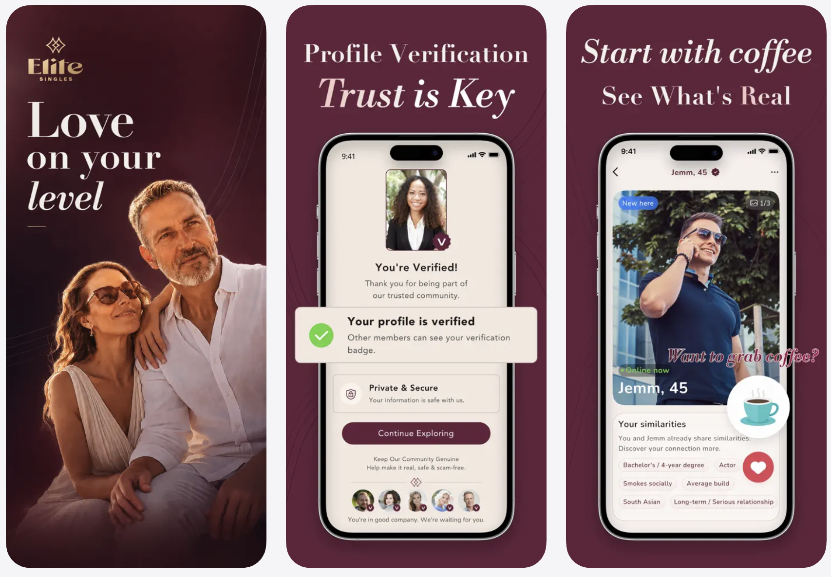 Mobile dating app screens showing verification and member profiles